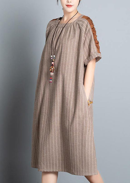 Style Khaki Striped Cotton Clothes for O Neck Patchwork Summer Dresses