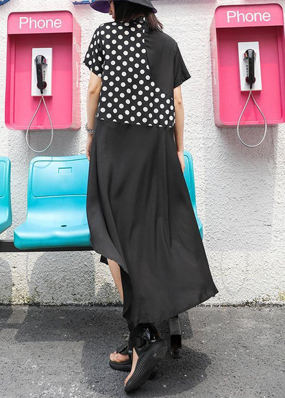 Style Lapel Asymmetric Chiffon Robes Boutique Tutorials Black Dotted Dress Summer