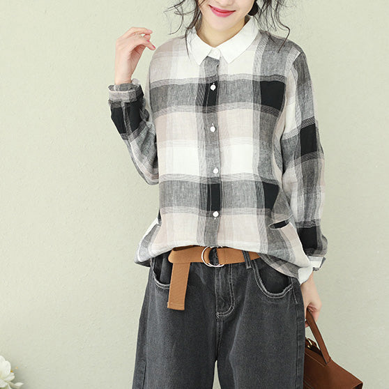 Style Lapel Linen for Cotton Black Plaid Short Blouses