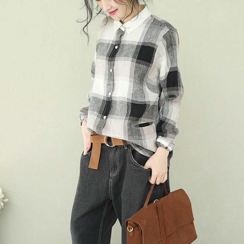 Style Lapel Linen for Cotton Black Plaid Short Blouses