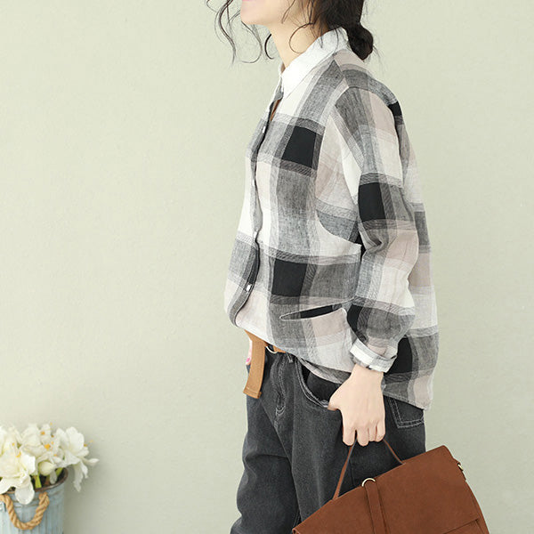 Style Lapel Linen for Cotton Black Plaid Short Blouses