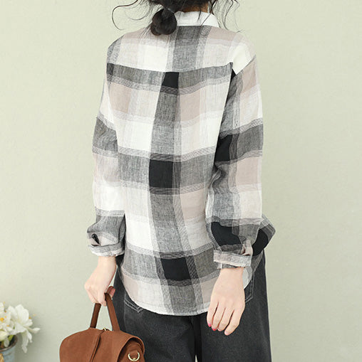 Style Lapel Linen for Cotton Black Plaid Short Blouses