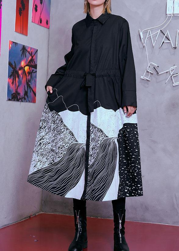 Style Lapel Patchwork Cotton Wardrobes Tunic Tops Black Print Maxi Dresses