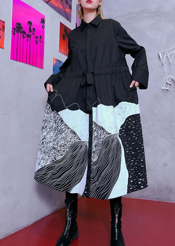 Style Lapel Patchwork Cotton Wardrobes Tunic Tops Black Print Maxi Dresses