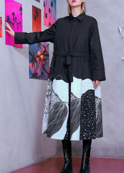 Style Lapel Patchwork Cotton Wardrobes Tunic Tops Black Print Maxi Dresses