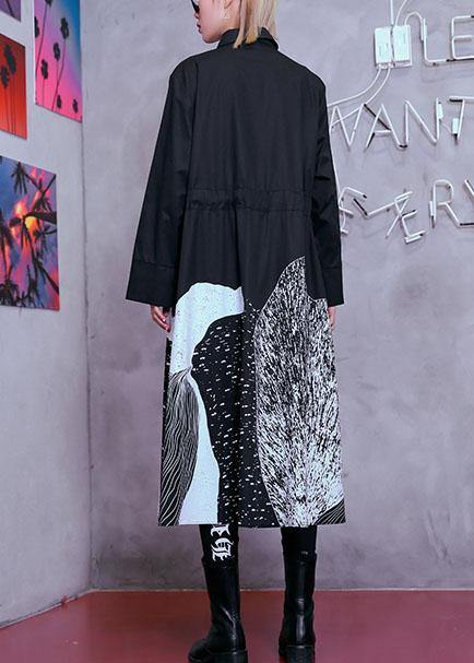 Style Lapel Patchwork Cotton Wardrobes Tunic Tops Black Print Maxi Dresses