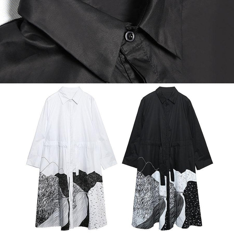 Style Lapel Patchwork Cotton Wardrobes Tunic Tops Black Print Maxi Dresses