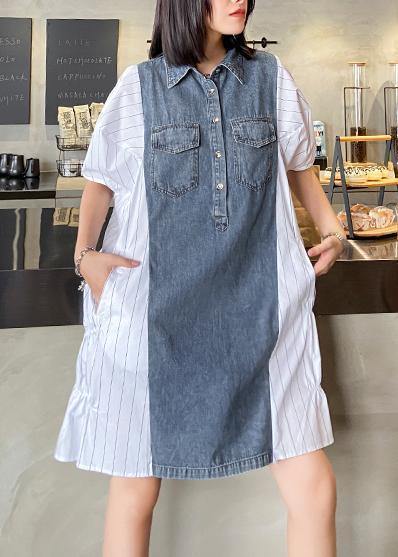 Style Lapel Quilting Dresses Runway White Striped Patchwork Denim Dresses