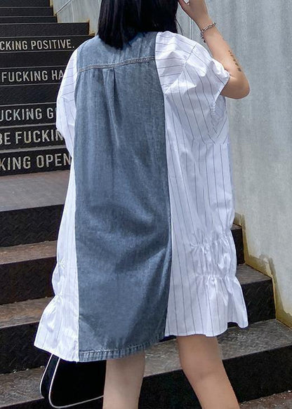 Style Lapel Quilting Dresses Runway White Striped Patchwork Denim Dresses
