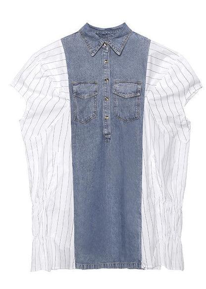 Style Lapel Quilting Dresses Runway White Striped Patchwork Denim Dresses