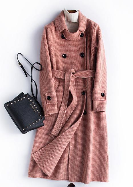 Style Lapel Tie Waist Fine Maxi Coat Red Plaid Tunic Outwear