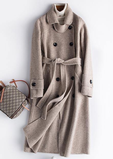 Style Lapel Tie Waist Fine Maxi Coat Red Plaid Tunic Outwear