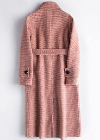 Style Lapel Tie Waist Fine Maxi Coat Red Plaid Tunic Outwear
