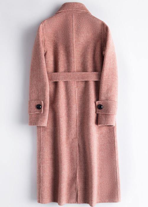 Style Lapel Tie Waist Fine Maxi Coat Red Plaid Tunic Outwear