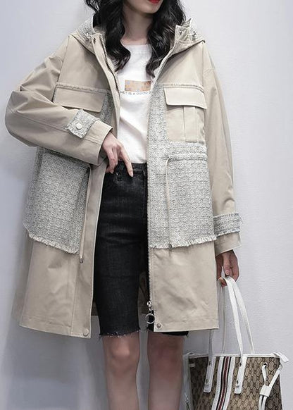 Style Light Beige Fine Trench Coat Work Hooded Patchwork Outwears