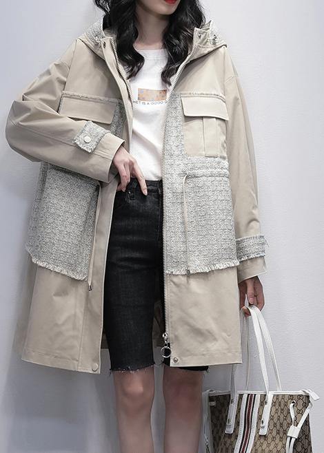 Style Light Beige Fine Trench Coat Work Hooded Patchwork Outwears
