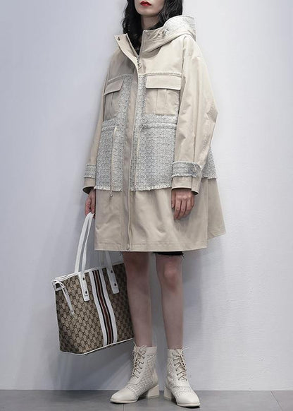 Style Light Beige Fine Trench Coat Work Hooded Patchwork Outwears