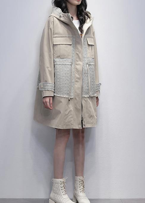 Style Light Beige Fine Trench Coat Work Hooded Patchwork Outwears