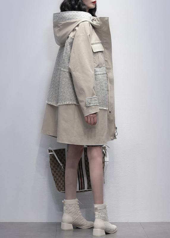 Style Light Beige Fine Trench Coat Work Hooded Patchwork Outwears