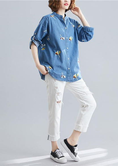 Style light blue cotton tunic pattern stand collar embroidery baggy spring tops