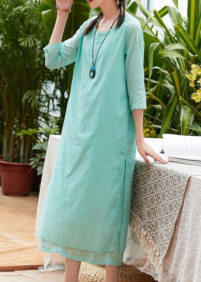 Style Light Green Cotton Tunics Half Sleeve O Neck Traveling Summer Dress