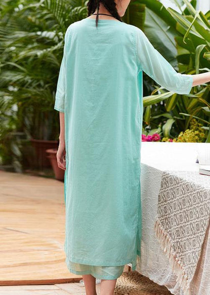 Style Light Green Cotton Tunics Half Sleeve O Neck Traveling Summer Dress