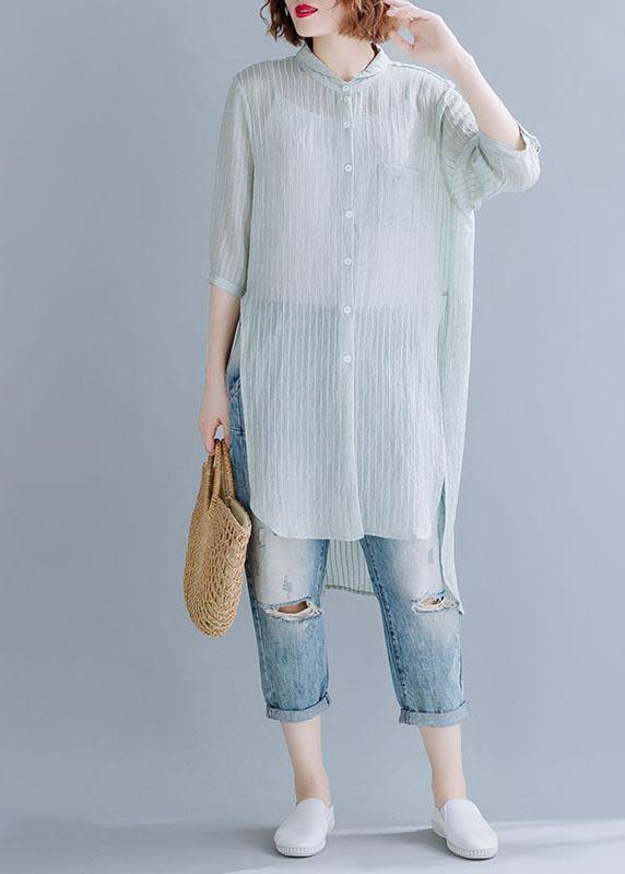 Style Light Green Striped Blended Shirts Side Open Box Sunscreen Summer Tops