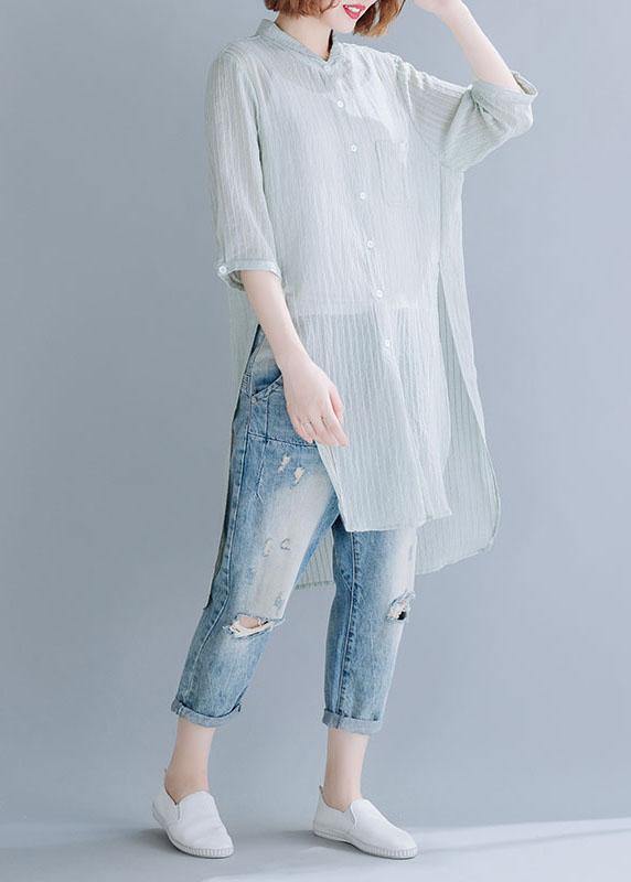 Style Light Green Striped Blended Shirts Side Open Box Sunscreen Summer Tops