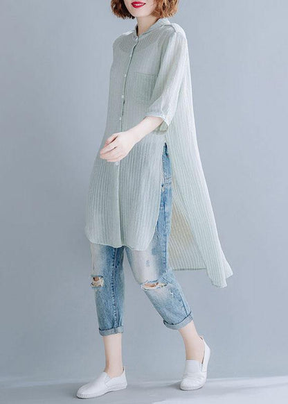 Style light green striped blended shirts side open box sunscreen summer tops