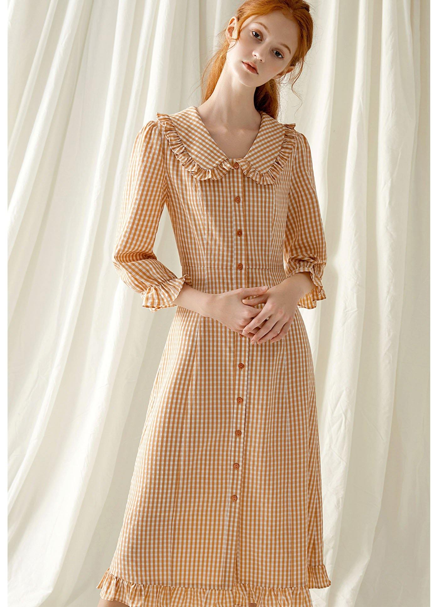 Style Light Orange Plaid Blended Tunics O Neck Maxi Fall Dress