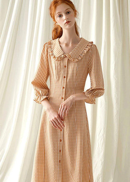 Style Light Orange Plaid Blended Tunics O Neck Maxi Fall Dress