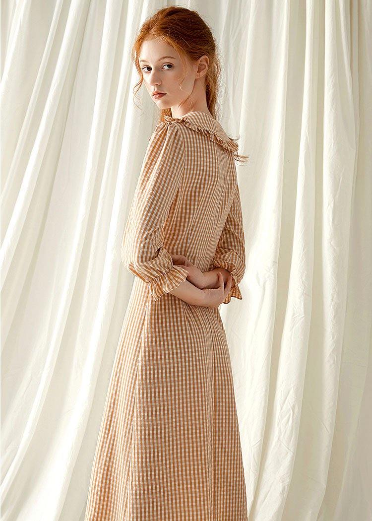 Style Light Orange Plaid Blended Tunics O Neck Maxi Fall Dress
