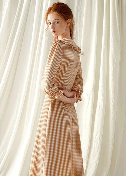 Style Light Orange Plaid Blended Tunics O Neck Maxi Fall Dress