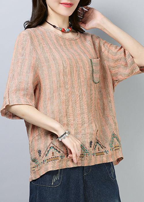 Style Linen Top Silhouette Omychic Linen Striped Short Sleeve Blouse