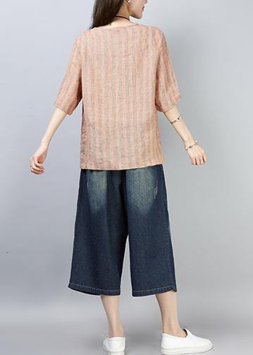 Style Linen Top Silhouette Omychic Linen Striped Short Sleeve Blouse