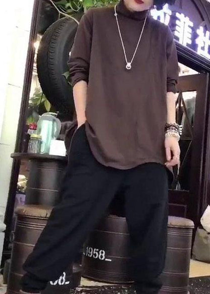 Style low high design cotton clothes For Women Fabrics khaki high neck shirt fall