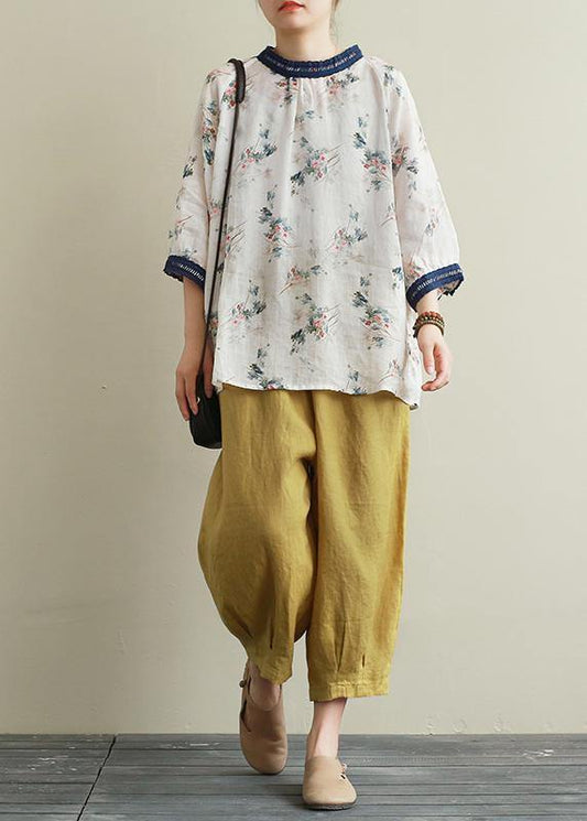Style Navy Collar Linen Clothes for Print Patchwork Daily Blouses
