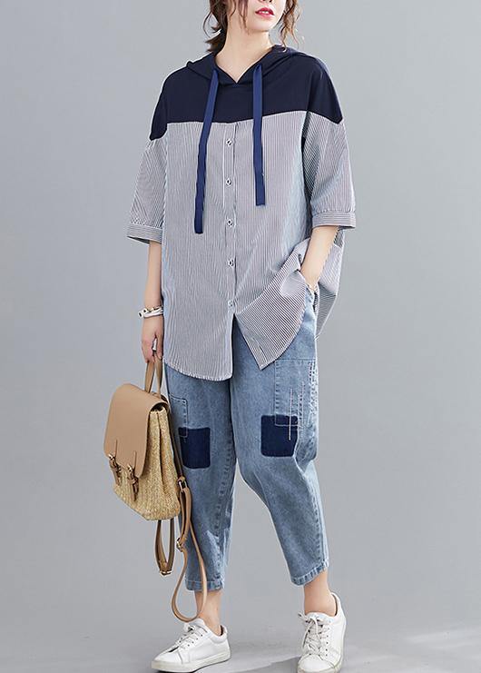 Style Navy Hooded Cotton Clothes Patchwork Baggy Summer Shirt