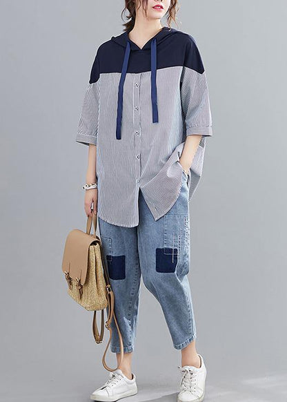 Style Navy Hooded Cotton Clothes Patchwork Baggy Summer Shirt