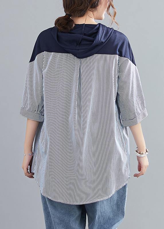 Style Navy Hooded Cotton Clothes Patchwork Baggy Summer Shirt