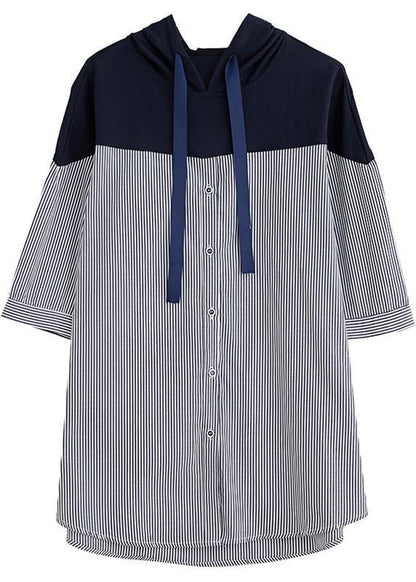 Style Navy Hooded Cotton Clothes Patchwork Baggy Summer Shirt