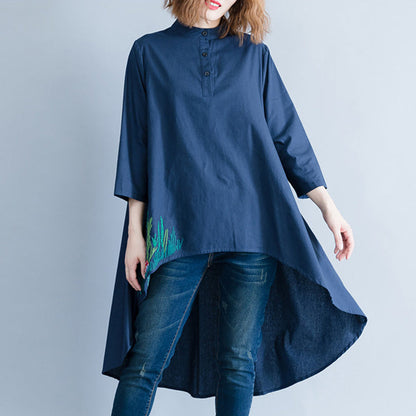 Style Navy Linen Cotton Tunics for Neckline Asymmetric Art Shirt Dresses