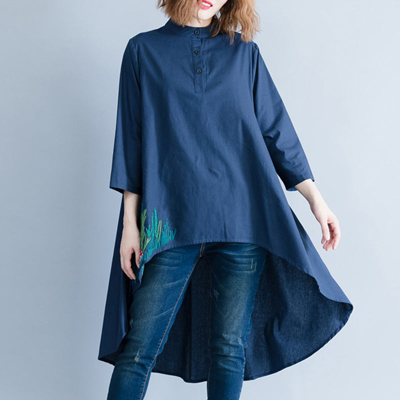 Style Navy Linen Cotton Tunics for Neckline Asymmetric Art Shirt Dresses