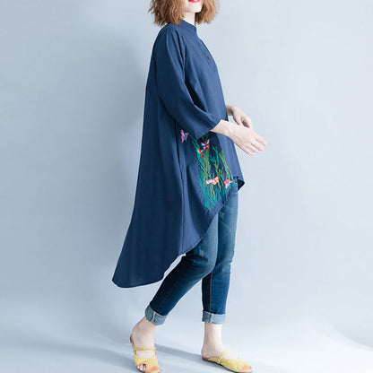 Style Navy Linen Cotton Tunics for Neckline Asymmetric Art Shirt Dresses