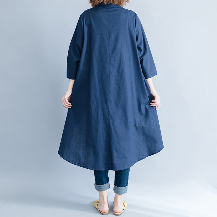 Style Navy Linen Cotton Tunics for Neckline Asymmetric Art Shirt Dresses