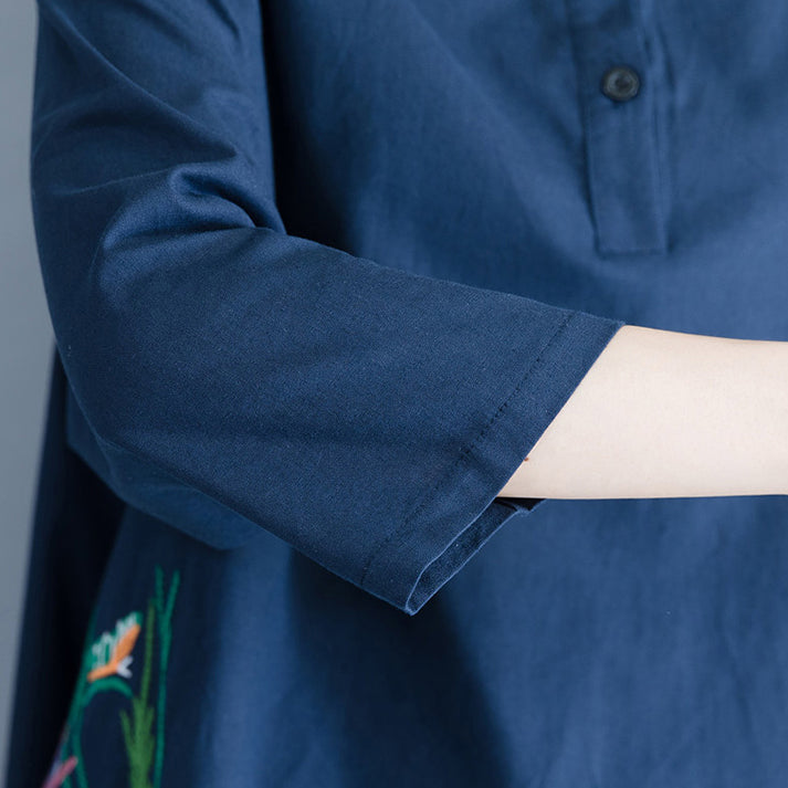 Style Navy Linen Cotton Tunics for Neckline Asymmetric Art Shirt Dresses