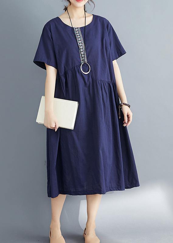 Style Navy Linen Dress Outfits O Neck Patchwork Oversized Summer Dress