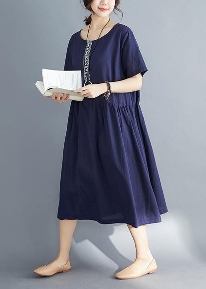 Style Navy Linen Dress Outfits O Neck Patchwork Oversized Summer Dress