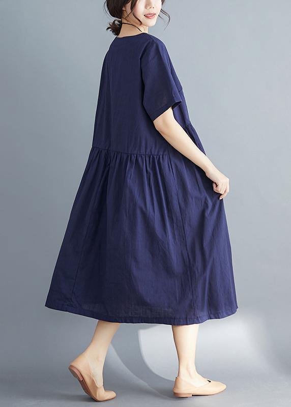 Style Navy Linen Dress Outfits O Neck Patchwork Oversized Summer Dress
