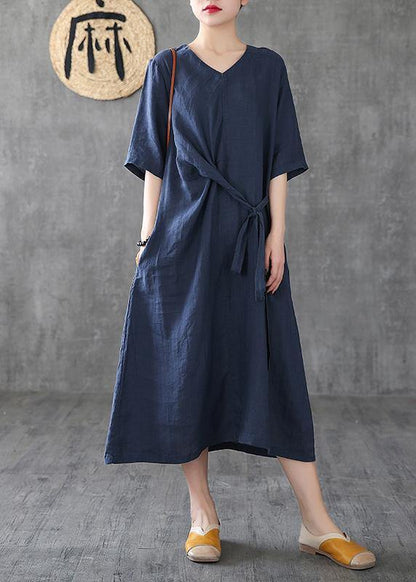 Style Navy Linen Dresses V Neck Tunic Linen Robes Summer Dress